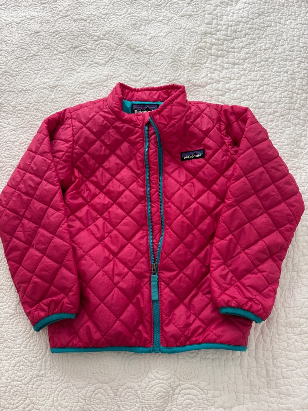 Patagonia Girls Quilted Puffer Jacket - Pink with Teal Trim
